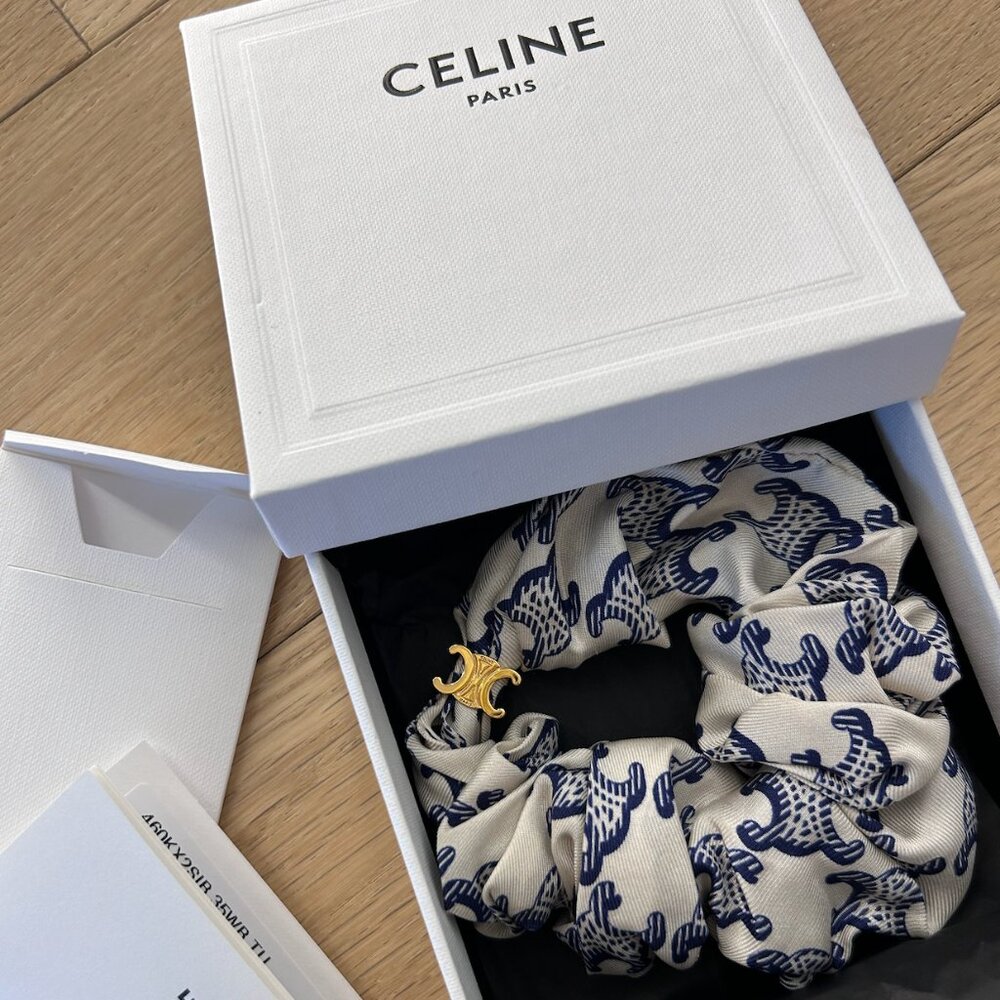 CELINE Scrunchie Triomphe Bracelet in Blue and White Silk and Gold Finish